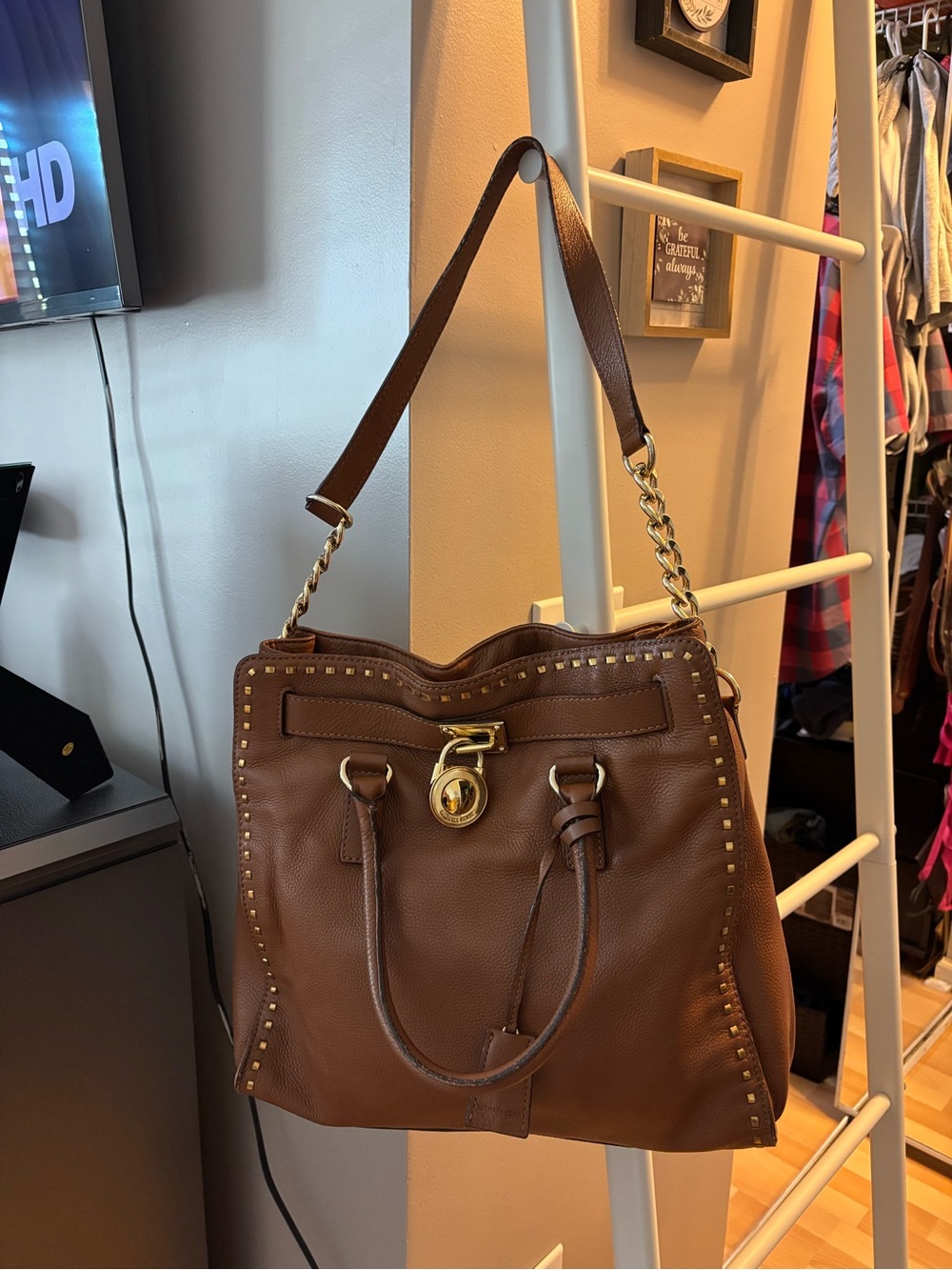 Michael Kors Leather Tote Bag with Gold Hardware - Brown